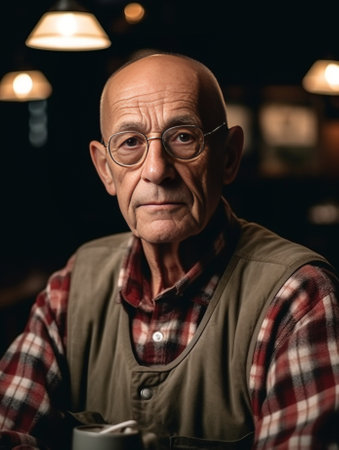 Pensive wrinkled man stands in thoughtful pose rubs chin and tries to make his mind contemplates about something while has coffee break wears optical glasses and formal s : Generative AIの素材