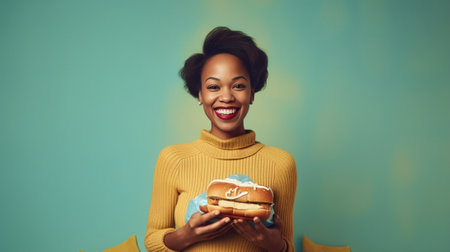 Gluttony and overeating concept Upset crying ethnic woman eats piece of cake reluctantly sits at table with many desserts isolated over blue wall feels hungry and greedy  : Generative AIの素材