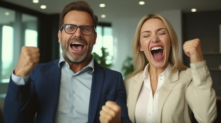 Happy businesspeople clench fists as achieve great results finishes working on report look joyfully at each other scream with happiness Overjoyed female and male students : Generative AIの素材