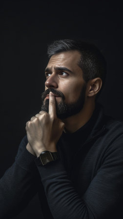 Headshot of serious pensive unshaven pleasant looking male businessman keeps hand on chin has clever look tries to understand details of contract frowns face looks confid : Generative AIの素材