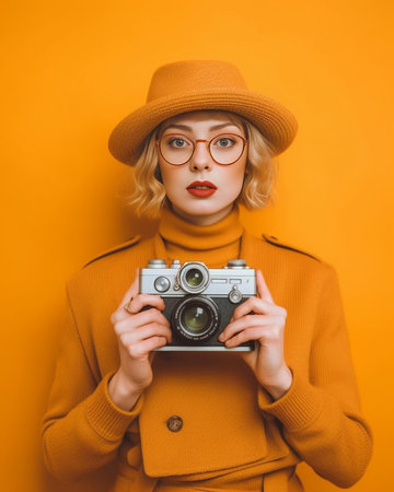 Female traveler makes memorable photos during trip holds retro camera takes images of beautiful landscape or place dressed in striped jumper raincoat and hat isolated ove : Generative AIの素材