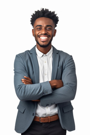 Funny African man with bushy curly hair blinking his eye having warm broad smile wearing white elegant shirt posing in studio Mixed race man elegantly dressed having fun  : Generative AIの素材