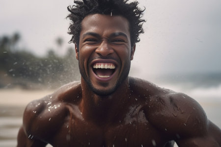 Half length shot of cheerful Afro American man has wet muscular body being in good mood after swimming and diving wears goggles looks aside has toothy smile dreams about  : Generative AIの素材