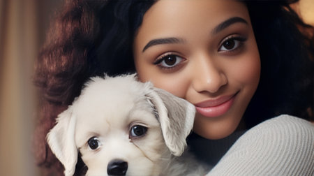 Photo of joyful dark skinned lady with Afro haircut feels fun carries two little french bulldog puppies expresses affection have good relationship owner feels responsibil : Generative AIの素材