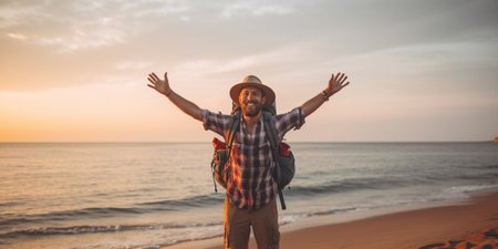 Cheerful stylish young African American traveler with backpack smiling joyfully spreading his arms feeling free happy and relaxed enjoying nice summer day while spending  : Generative AIの素材