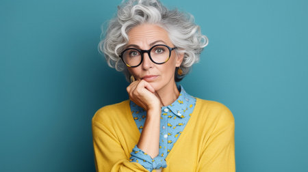 Headshot of displeased grey haired mature woman looks with grumpy expression at camera keeps hand on spectacles squints face from displeasure poses well dressed indoor is : Generative AIの素材