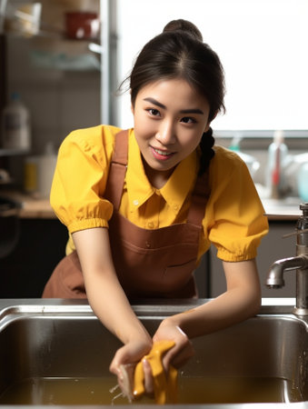 Crying upset Asian woman busy with regular cleaning and housework has untidy look surrounded by clean tools does washing isolated over yellow background dirty handprints  : Generative AIの素材