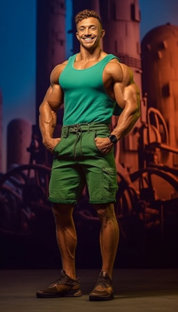 Glad sporty guy holds rolled up karemat and smiles positively wears active wear Determined motivated man goes in for sport attends fitness club Handsome male athlete pose : Generative AIの素材