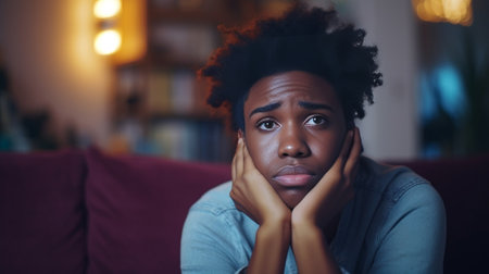 Funny young darkskinned man sitting on grey sofa in living room with notebook pc on his lap staring at screen with shocked or scared look covering mouth with hand while w : Generative AIの素材