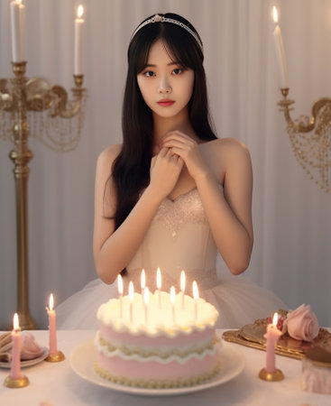 Impressed stupefied Asian woman wears princess crown and jumper dresses for birthday party holds delicious cake with burning candles poses near bunch of inflated balloons : Generative AIの素材
