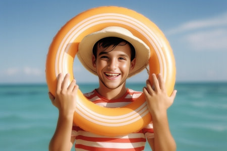 Handsome happy surprised man with orange lifebuoy indoor wears striped blue and white vest keeps hands outstretched gives hug to someone conducts lessons of safe swimming : Generative AIの素材