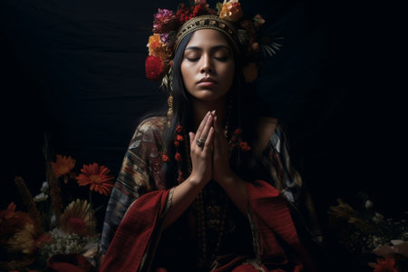 Indoor photo of praying spooky male has image of zombie keeps palms pressed together serious woman with flower wreath around head stands near has creepy makeup Halloween  : Generative AIの素材