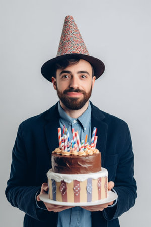 Headshot of sad disappointed man wearing cone hat on his hand posing at studio wall with confetti falling down having unhappy look as he hates celebrating birthday holdin : Generative AIの素材