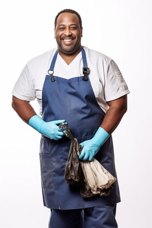 Look at this well made dough Happy African American male cook or chef boasts of pastry he made by himself wears dirty apron has untidy hands in flour being satisfied with : Generative AIの素材