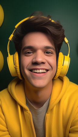 Half length shot of annoyed guy clenches teeth plugs ears with index fingers ignores annoying sound feels ear pain or ache bothered by bad loud unpleasant noise wears yel : Generative AIの素材