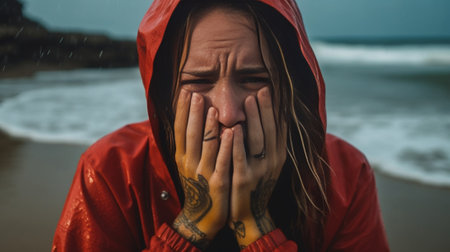 Portrait of dissatisfied woman wearing red hat yellow raincoat and overalls frowning her face having bad mood as her husband didnt take her on lake to go fishing Facial e : Generative AIの素材