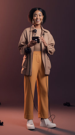 Funny dark skinned African American female model has fun alone shows tongue at camera while listens favourite songs in headphones connected to modern telephone device Peo : Generative AIの素材