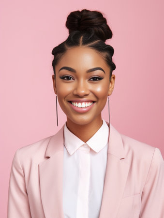 Monochrome shot of happy African American businesswoman with positive smile has crisp dark hair rejoices having weekend and good rest after hard working exhausting week i : Generative AIの素材
