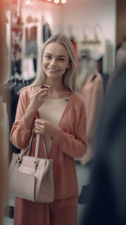 Happy female standing at clothing store messaging with friend over smart phone while trying new clothes asking for advice what to buy Cheerful woman using modern cell pho : Generative AIの素材