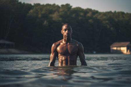 Horizontal shot of stupefied young man prepares for extreme swim spends free time at shore in company of Afro American man who spreads hands and has delighted expression  : Generative AIの素材