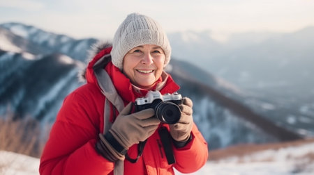 Happy female hiker with broad smile wears casual clothes holds photocamera makes nice pics enjoys view of snowy mountains focused into distance has remarkable trip during : Generative AIの素材