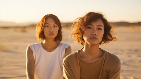 Outdoor shot of thoughtful women have rest after cardio training at coastline focused into distance have healthy body shape blurred nature background Mixed race young sis : Generative AIの素材