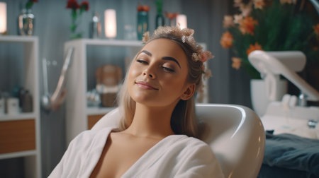 Photo of smiling woman applies eye patches and hair curlers surrounded by hands of many beauticians with cosmetology equipment improves condition of skin sits in armchair : Generative AIの素材