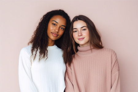 Lovely Caucasian brunette female her dark skinned friend keep hands on heart express friendly manners and gratitude to someone dressed in striped sweaters smile positivel : Generative AIの素材