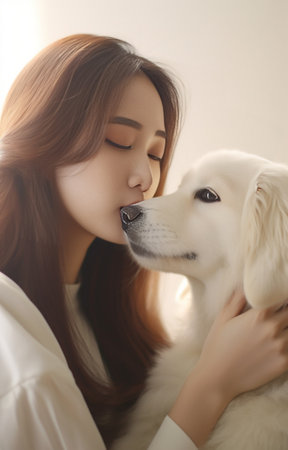 Love tender warm feeling and understanding without words Cheerful korean woman receives kiss from two pedigree puppies cannot imagine life without pets has fun with anima : Generative AIの素材