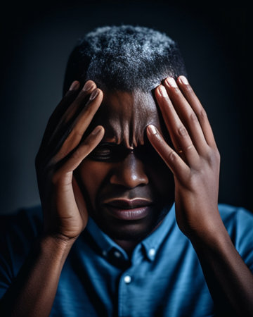 Headshot of darkskinned man having bad headache pressing fingers against his temples clenching his teeth in pain African student or employee closing his eyes trying to re : Generative AIの素材