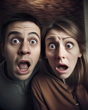Human facial expressions emotions feelings reaction and attitude Indoor shot of shocked forgetful young Caucasian man and woman holding hands on heads and looking at came : Generative AIの素材