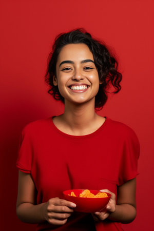 Pleased dark skinned woman keeps hands under chin dressed in orange jumper poses at table with many desserts isolated over blue background eats yummy cake poses indoor Su : Generative AIの素材