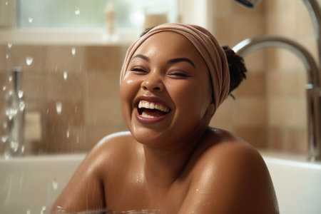 Happy dark skinned woman pampers face with bubble cleansing foam has hygienic treatments in bathroom massage cheeks wears headband and round earrings enjoys softness of s : Generative AIの素材