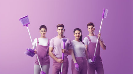 Portrait of cleaning service workers wearing protective rubber gloves holding rags and detergent posing isolated against pink wall background with copy space for your tex : Generative AIの素材
