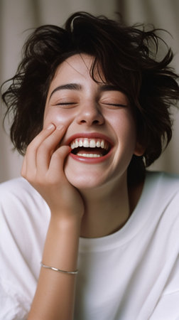 Positive human emotions Headshot of happy emotional teenage girl with bob haircut laughing from the bottom of her heart keeping eyes closed showing perfect white teeth wh : Generative AIの素材