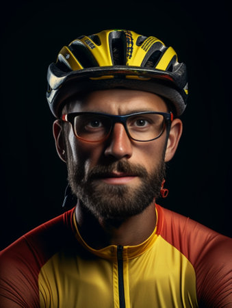 Portrait of serious bearded man looking through glasses wearing loose sweater and yellow trousers isolated over grey background Repairman going to repair bicycle having c : Generative AIの素材