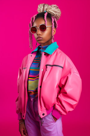 Serious thoughtful woman focused down dressed in fashionable coat wears stylish clothes has cornrow hairstyle isolated on pink background Trendy Afro American teenage gir : Generative AIの素材
