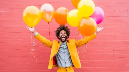 Overjoyed male student celebrates success makes yes gesture being on graduation party holds inflated balloons dressed in casual jumper isolated over orange background Peo : Generative AIの素材