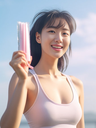 Photo of attractive Asian woman holds cotton tampon and sanitary napkin has surprised look monthly menstrual cycle wears pink t shirt Protective care for womens health Fe : Generative AIの素材
