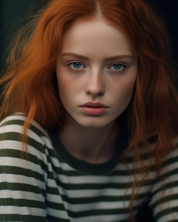 Portrait of young tender redhead teenage girl with healthy freckled skin wearing striped top looking at camera with serious or pensive expression Caucasian woman model wi : Generative AIの素材