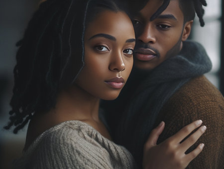 Pleased beautiful ethnic woman dreams to hug boyfriend closes eyes and embraces herself touches shoulders thinks about you being in romantic mood tilts head recalls nice  : Generative AIの素材