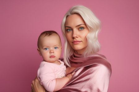 Loving mother looks tired after nursing baby infant holds newborn wrapped in blanket bottle with milk poses against pink background with washed kid clothes hanging on rop : Generative AIの素材