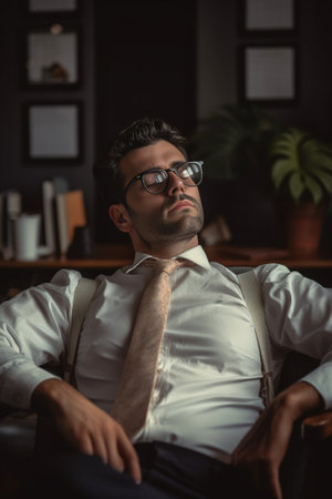 Portrait of handsome frustrated man looks down with suspicious expression notices something on floor wears glasses and white shirt red braces Stunned attractive employee  : Generative AIの素材