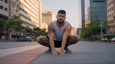 Serious bearded sportsman looks at smartwatch checks time or burned calories after workout carries rolled karemat practices yoga outside wears casual black t shirt poses  : Generative AIの素材