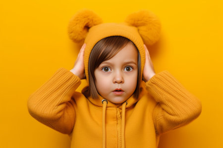 Horizontal shot of optimistic merry small kid plugs ears with index fingers chuckles positively has ginger hair bun wears oversized knitted sweater isolated on yellow bac : Generative AIの素材