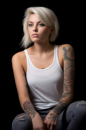 Studio shot of tattooed young European female model looking down at grey blank Ashirt Cropped portrait of teenge girl dressed in ripped jeans and tank top posing indoors  : Generative AIの素材