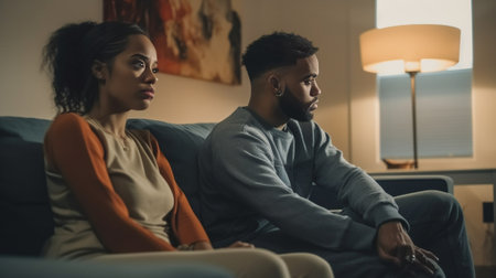 Upset young AfricanAmerican couple feeling unhappy because they cant afford buying new car facing financial problem and economic crisis trying to solve troubles reviewing : Generative AIの素材