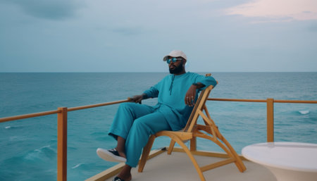 Sideways shot of sad African American man looking down and listening to melancholic music in headphones with serious pensive face Young guy sitting alone with blue sky an : Generative AIの素材