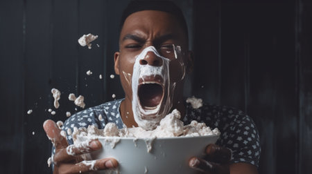 Cheerful dark skinned man with thick beard sticks head through popcorn background enjoys eating tasty snack has toothy smile expresses positive emotions Black man buried  : Generative AIの素材