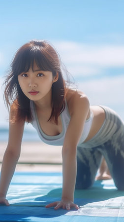 Cheerful dark haired Asian woman pushes his friend in back helps to do stretching exercise show their flexibility sit on sand against blue sky and mountains Active jogger : Generative AIの素材